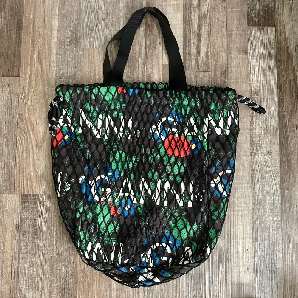 Ganni Floral Logo Mesh Drawstring Tote Bag Black Multi A3667 NWT